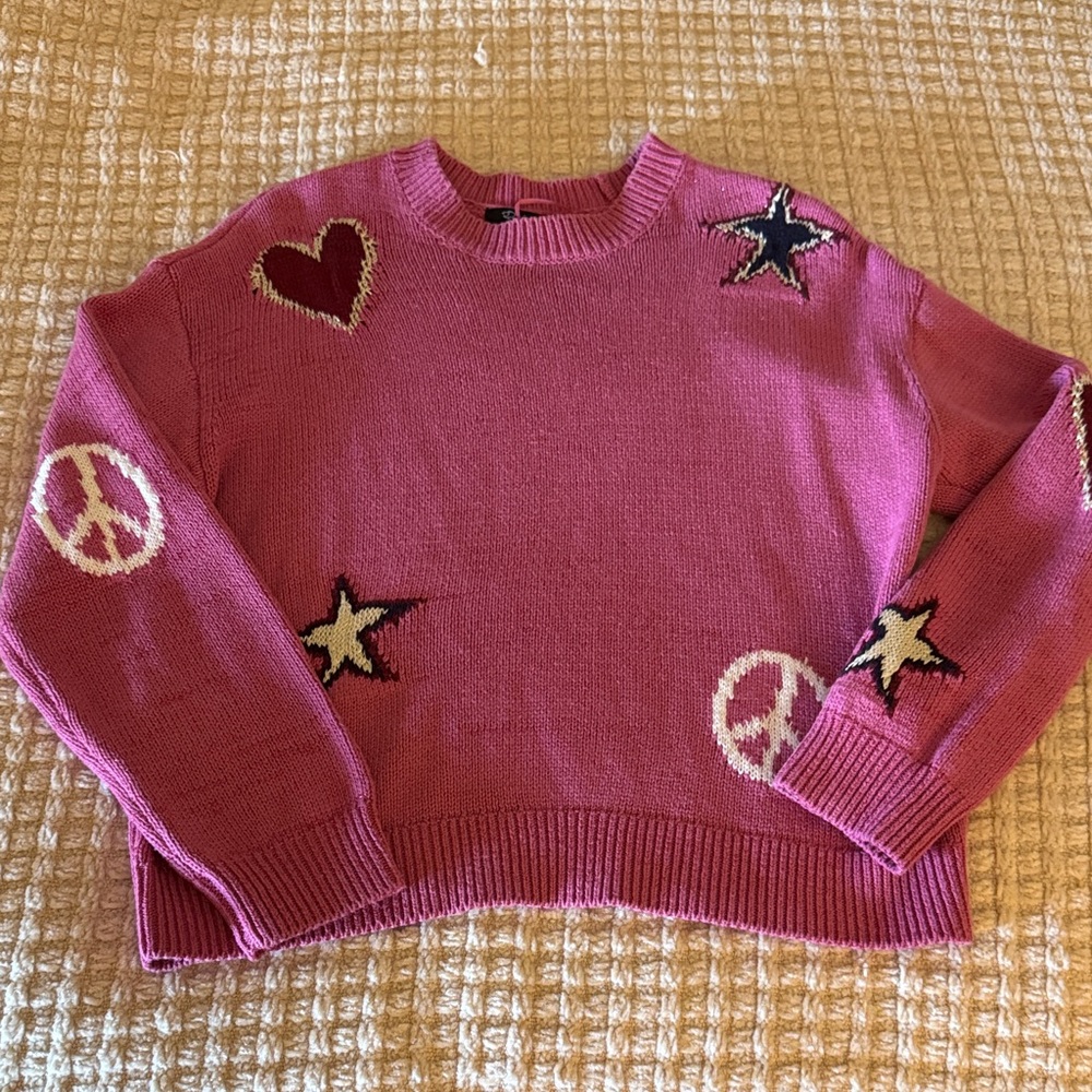 Rails Pink Crewneck Sweater with Hearts, Stars & Peace Signs Size Small